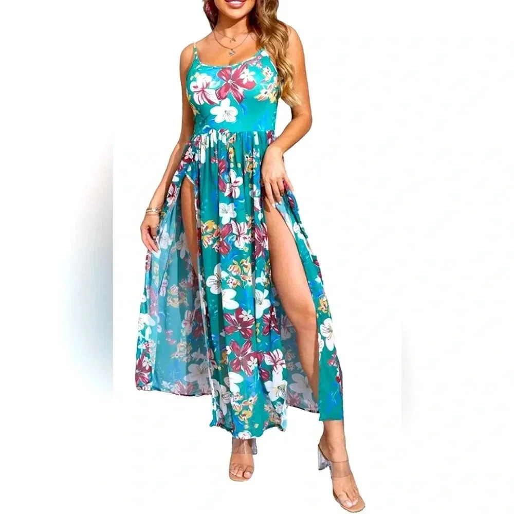 Women Summer Spaghetti Strap Romper Split Maxi Party Casual Dress